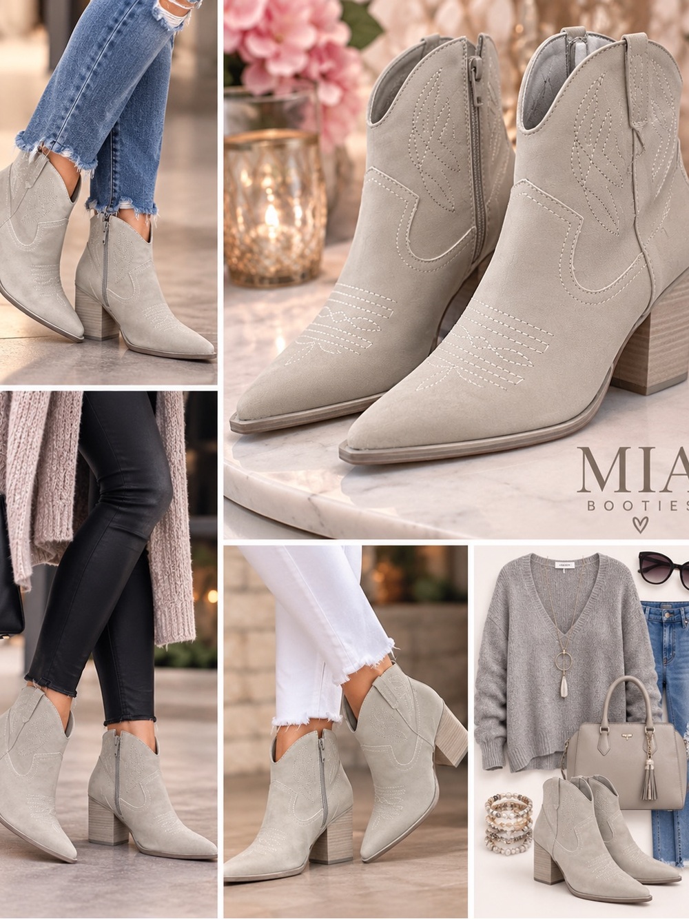 MIA Grey Western Suede-Look Pointed Toe Booties Size 7